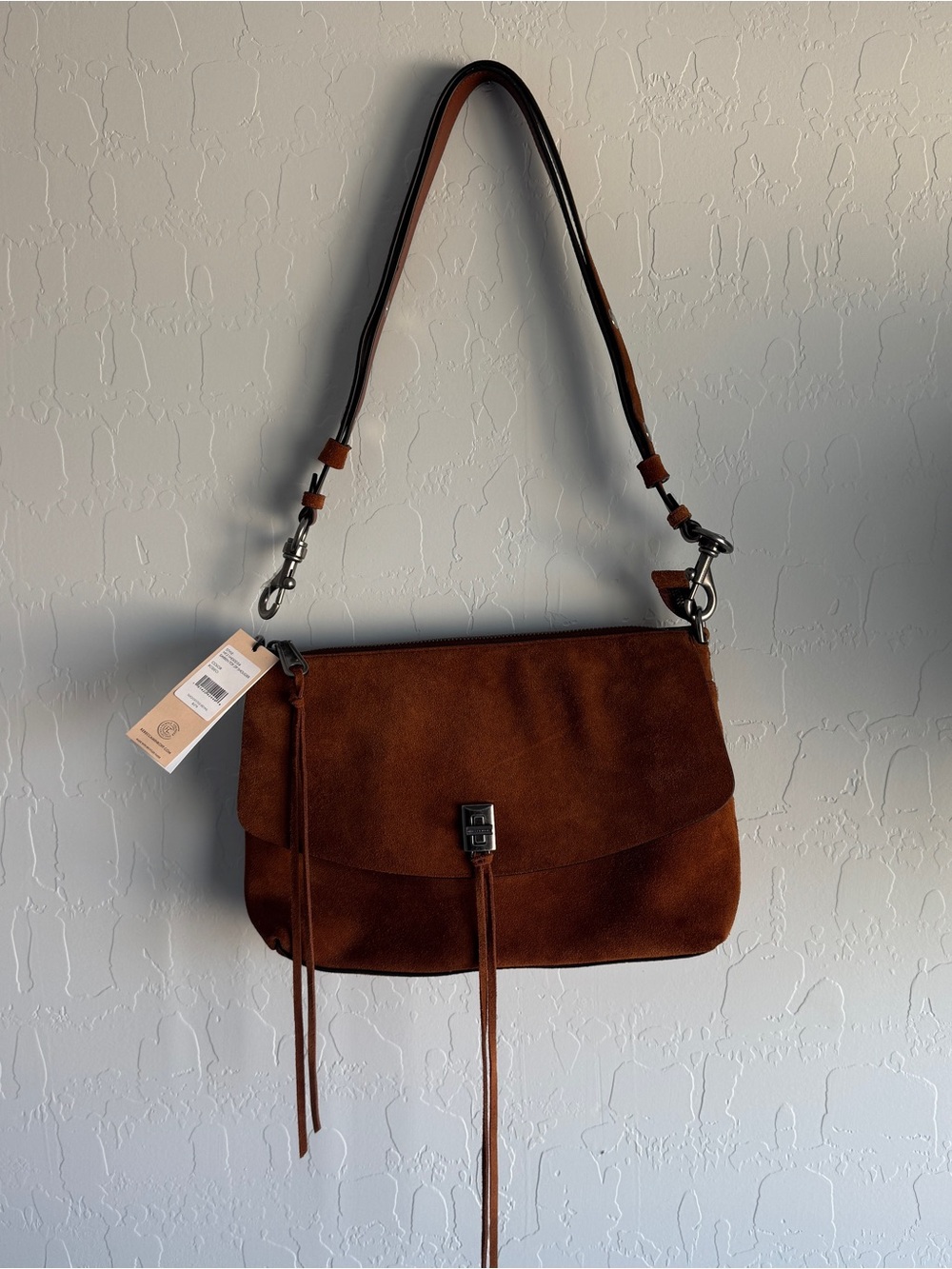 Rebecca Minkoff Darren Top Zip Shoulder Bag Rodeo Brown Suede NWT Fringe HF21